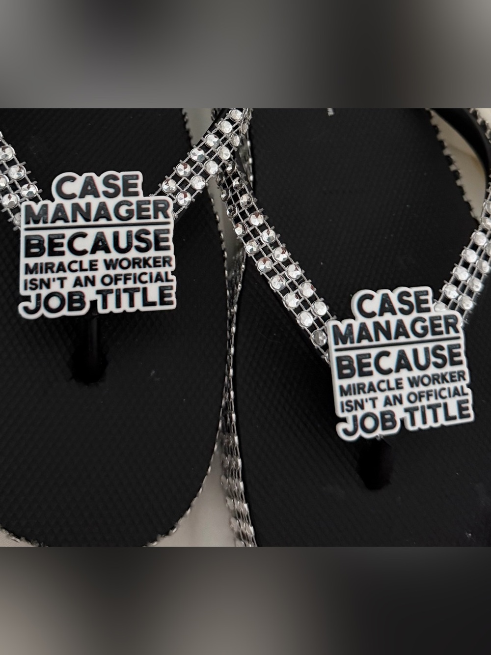 Case Manager Black Rhinestone Flip Flops - Decorative Job Title Charm